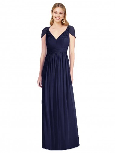 Bleu marine foncé Trompette Col V Mousseline Longue Robes demoiselle d'honneur Pas Chre