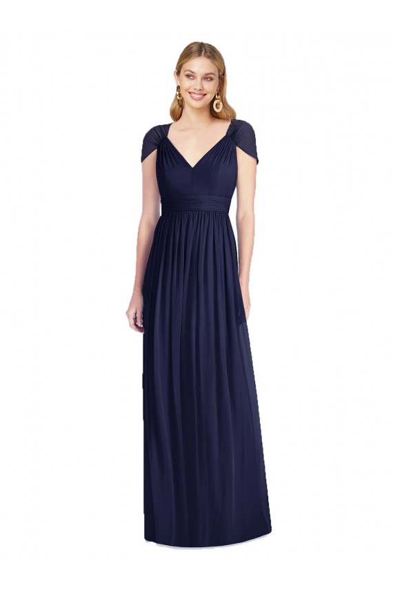 Bleu marine foncé Trompette Col V Mousseline Longue Robes demoiselle d'honneur Pas Chère
