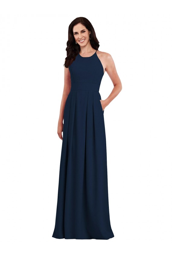 Bleu marine foncé Trompette Licou Crêpe Stretch Longue Robes demoiselle d'honneur Pas Chère