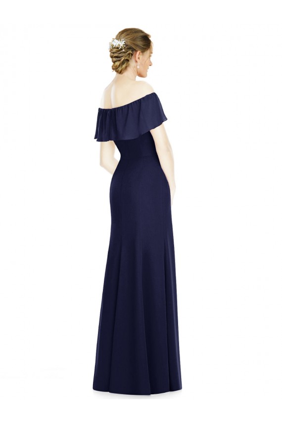 Bleu marine foncé Trompette Épaule Dénudée Mousseline Longue Robes demoiselle d'honneur Pas Chère