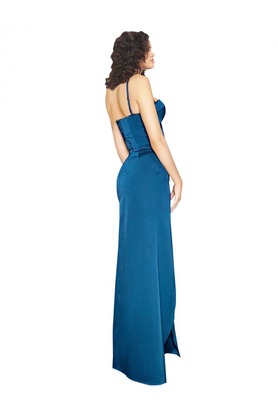 Bleu paon Fourreau Bretelles spaghetti Satiné Soyeux Longue Formelles Robes demoiselle d'honneur / Robes de soirée / Robes de bal Pas Chère