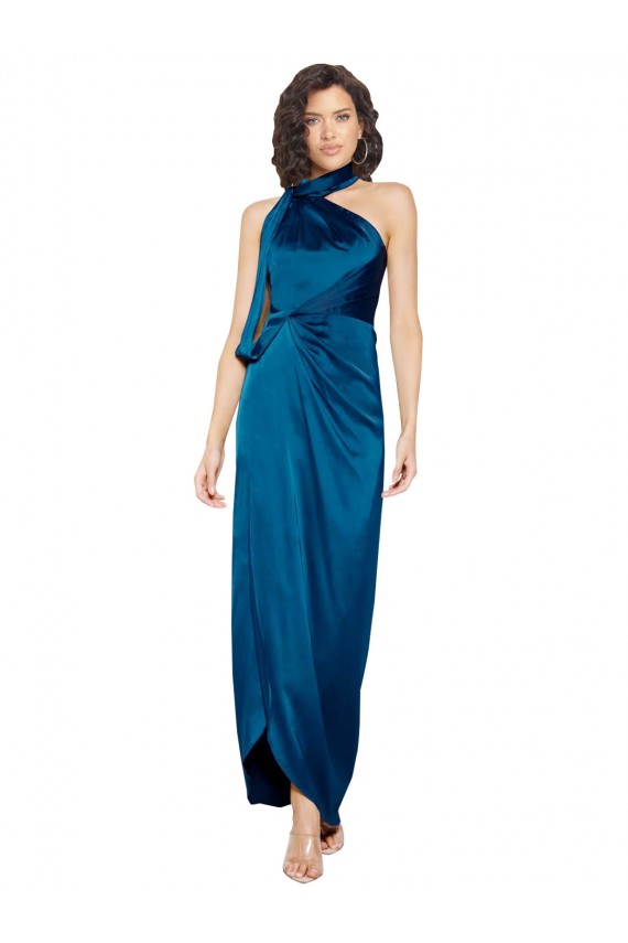 Bleu paon Fourreau Licou Col Haut Satiné Soyeux Longue Formelles Robes demoiselle d'honneur / Robes de soirée / Robes de bal Pas Chère