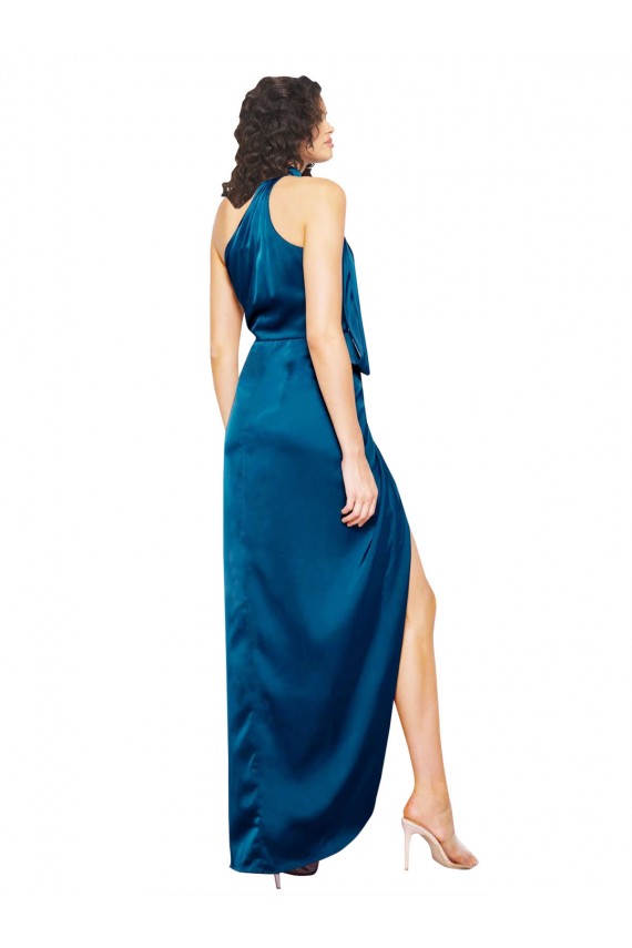 Bleu paon Fourreau Licou Col Haut Satiné Soyeux Longue Formelles Robes demoiselle d'honneur / Robes de soirée / Robes de bal Pas Chère
