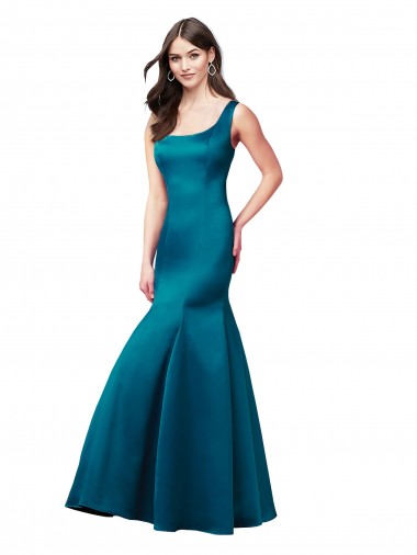 Bleu paon Sirène Bateau Satiné Longue Robes demoiselle d'honneur / Robes de bal Pas Chre