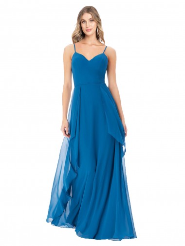 Bleu paon Trapèze Bretelles spaghetti Mousseline Longue Robes demoiselle d'honneur Pas Chre