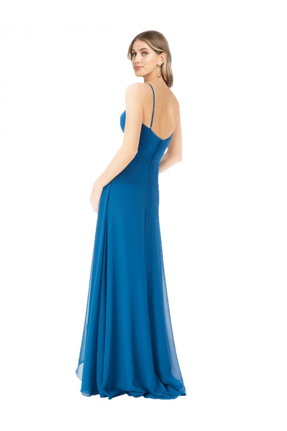 Bleu paon Trapèze Bretelles spaghetti Mousseline Longue Robes demoiselle d'honneur Pas Chère