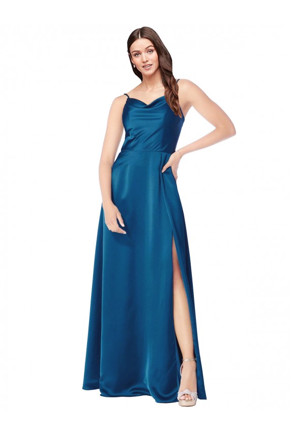 Bleu paon Trapèze Bretelles spaghetti Satiné Soyeux Longue Formelles Robes demoiselle d'honneur / Robes de soirée / Robes de bal Pas Chère