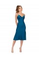 Bleu paon Trapèze Col V midi Satiné Soyeux Courte Robes demoiselle d'honneur / Robes de bal / Robes de cocktail Pas Chère