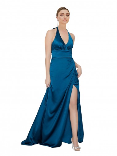 Bleu paon Trapèze Licou Satiné Soyeux Longue Formelles Robes demoiselle d'honneur / Robes de soirée / Robes de bal Pas Chre