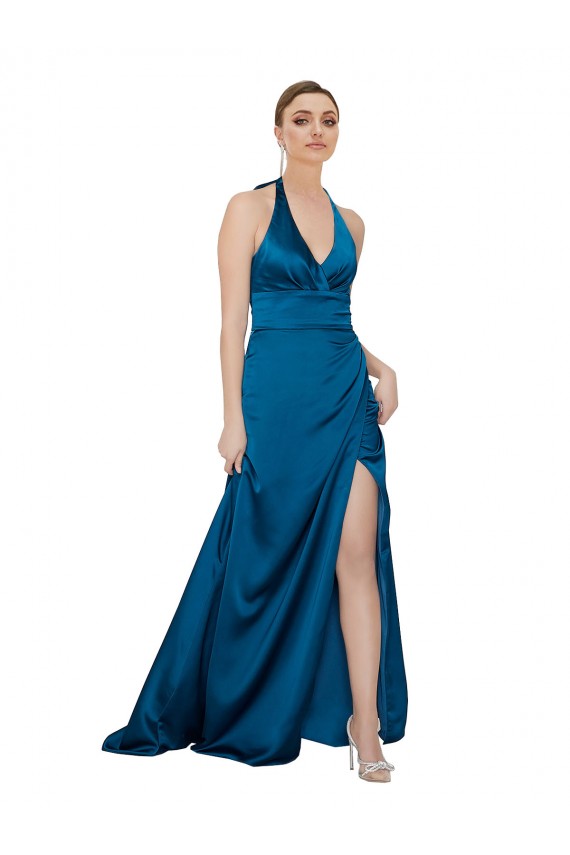 Bleu paon Trapèze Licou Satiné Soyeux Longue Formelles Robes demoiselle d'honneur / Robes de soirée / Robes de bal Pas Chère