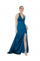 Bleu paon Trapèze Licou Satiné Soyeux Longue Formelles Robes demoiselle d'honneur / Robes de soirée / Robes de bal Pas Chère