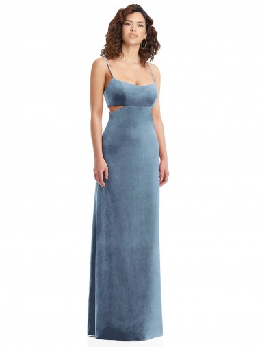Bleu poussiéreux Fourreau Col Carré Velours Stretch Longue Formelles Robes demoiselle d'honneur / Robes de soirée / Robes de bal Pas Chre