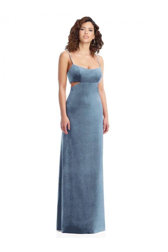 Bleu poussiéreux Fourreau Col Carré Velours Stretch Longue Formelles Robes demoiselle d'honneur / Robes de soirée / Robes de bal Pas Chère