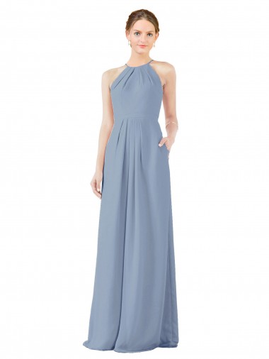 Bleu poussiéreux Fourreau Licou Col Haut Mousseline Longue Robes demoiselle d'honneur Pas Chre