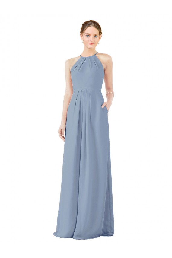 Bleu poussiéreux Fourreau Licou Col Haut Mousseline Longue Robes demoiselle d'honneur Pas Chère