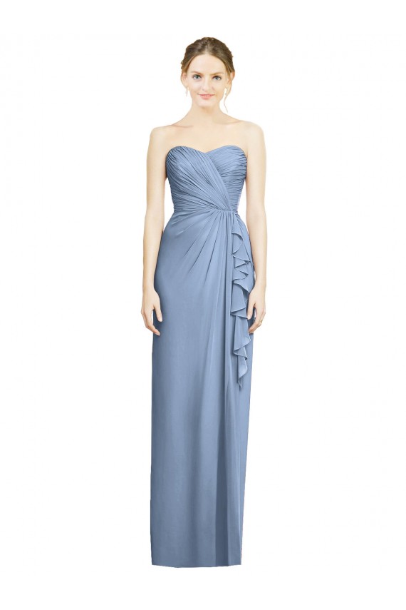 Bleu poussiéreux Fourreau Sans bretelle Mousseline Longue Robes demoiselle d'honneur Pas Chère