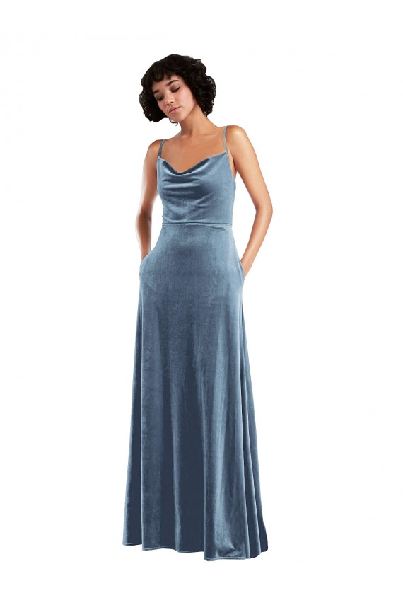 Bleu poussiéreux Fourreau Velours Stretch Longue Robes demoiselle d'honneur / Robes de bal Pas Chère