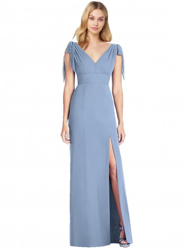 Bleu poussiéreux Sirène Col V Mousseline Longue Robes demoiselle d'honneur Pas Chre