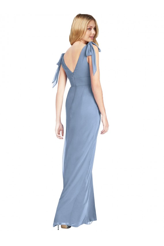 Bleu poussiéreux Sirène Col V Mousseline Longue Robes demoiselle d'honneur Pas Chère