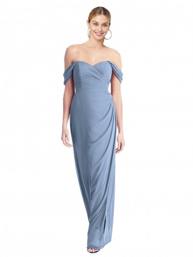 Bleu poussiéreux Sirène Épaule Dénudée Mousseline Longue Robes demoiselle d'honneur Pas Chre