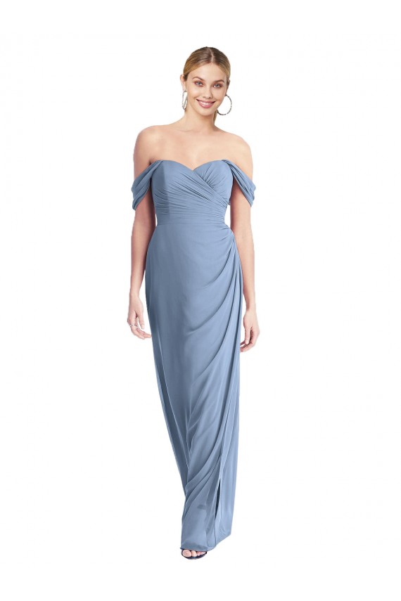 Bleu poussiéreux Sirène Épaule Dénudée Mousseline Longue Robes demoiselle d'honneur Pas Chère