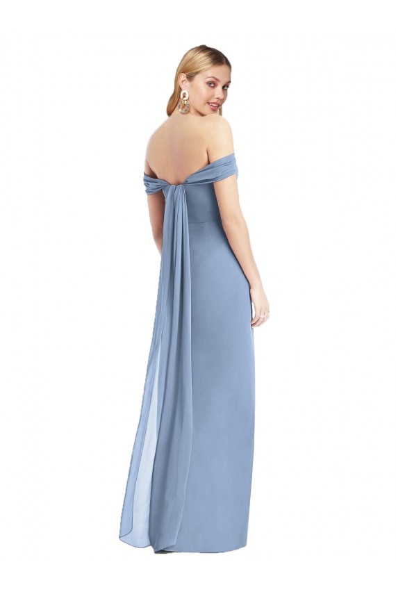 Bleu poussiéreux Sirène Épaule Dénudée Mousseline Longue Robes demoiselle d'honneur Pas Chère
