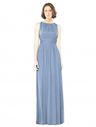 Bleu poussiéreux Trapèze Bateau Mousseline Longue Robes demoiselle d'honneur Pas Chre