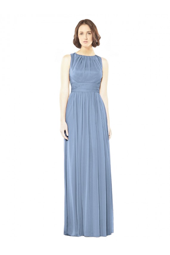 Bleu poussiéreux Trapèze Bateau Mousseline Longue Robes demoiselle d'honneur Pas Chère