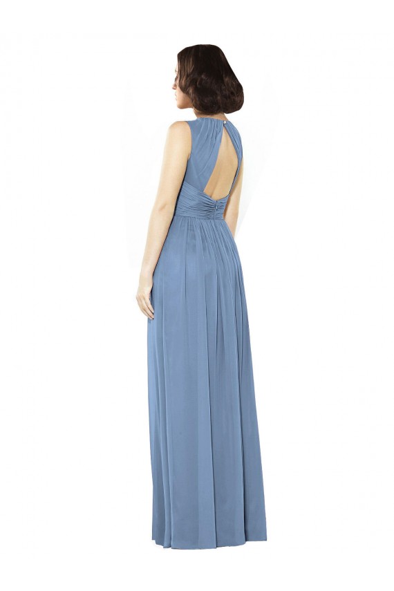 Bleu poussiéreux Trapèze Bateau Mousseline Longue Robes demoiselle d'honneur Pas Chère