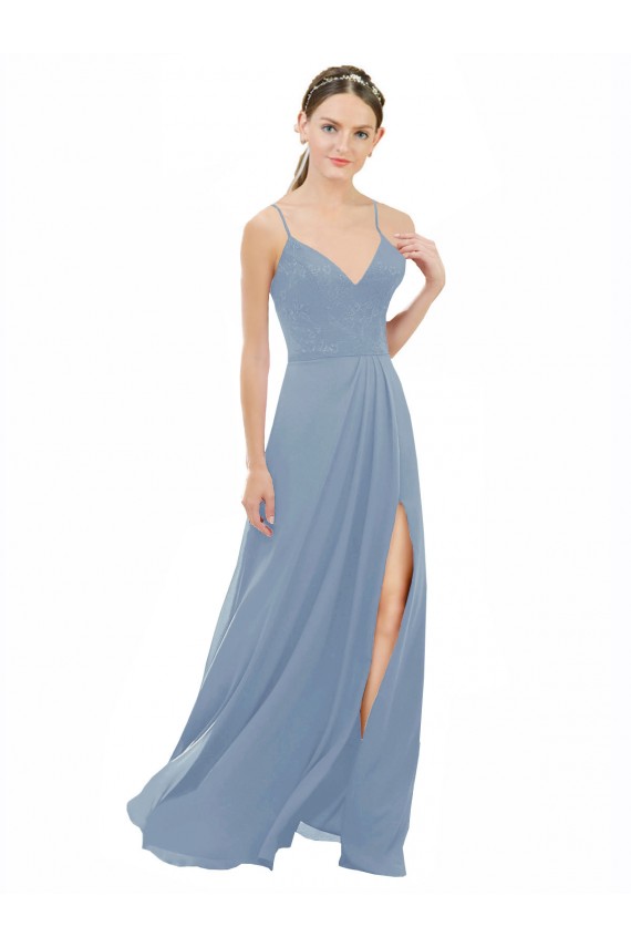 Bleu poussiéreux Trapèze Bretelles spaghetti Col V Mousseline Dentelle Longue Robes demoiselle d'honneur Pas Chère