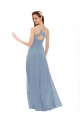 Bleu poussiéreux Trapèze Bretelles spaghetti Col V Mousseline Dentelle Longue Robes demoiselle d'honneur Pas Chère