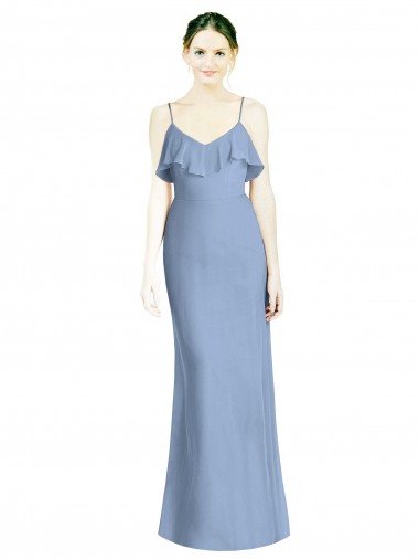 Bleu poussiéreux Trapèze Bretelles spaghetti Col V Mousseline Longue Robes demoiselle d'honneur Pas Chre