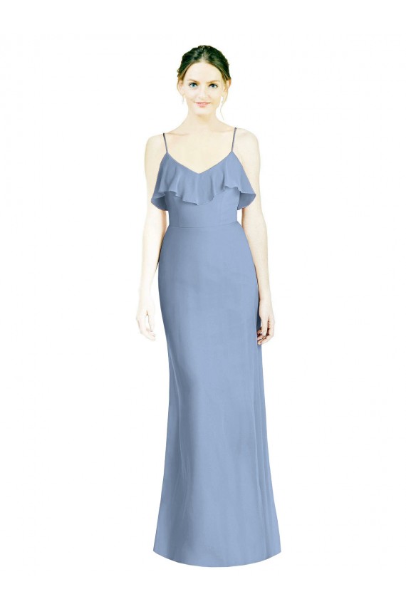 Bleu poussiéreux Trapèze Bretelles spaghetti Col V Mousseline Longue Robes demoiselle d'honneur Pas Chère