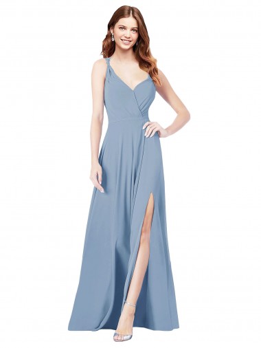 Bleu poussiéreux Trapèze Bretelles spaghetti Col V Mousseline Longue Robes demoiselle d'honneur Pas Chre
