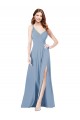 Bleu poussiéreux Trapèze Bretelles spaghetti Col V Mousseline Longue Robes demoiselle d'honneur Pas Chère