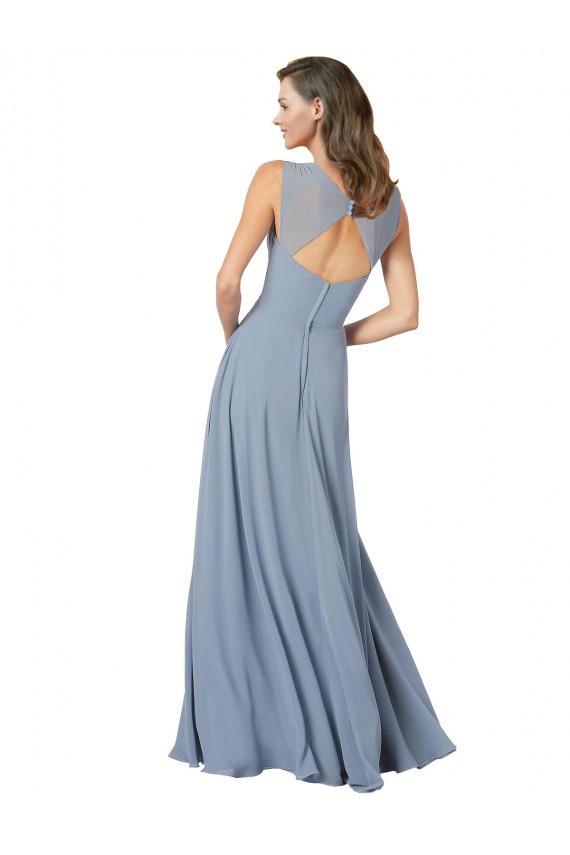 Bleu poussiéreux Trapèze Bretelles spaghetti Col V Mousseline Longue Robes demoiselle d'honneur Pas Chère