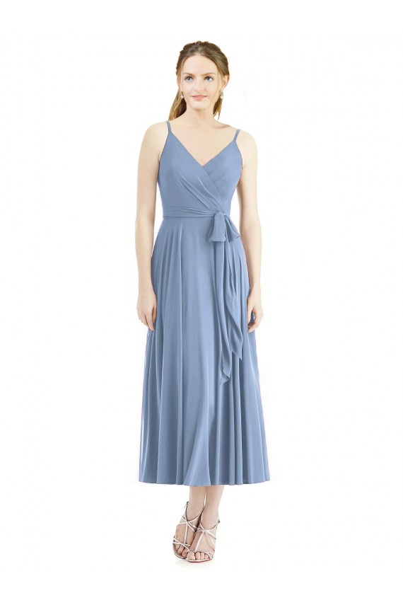 Bleu poussiéreux Trapèze Bretelles spaghetti Mousseline Courte Robes demoiselle d'honneur Pas Chère