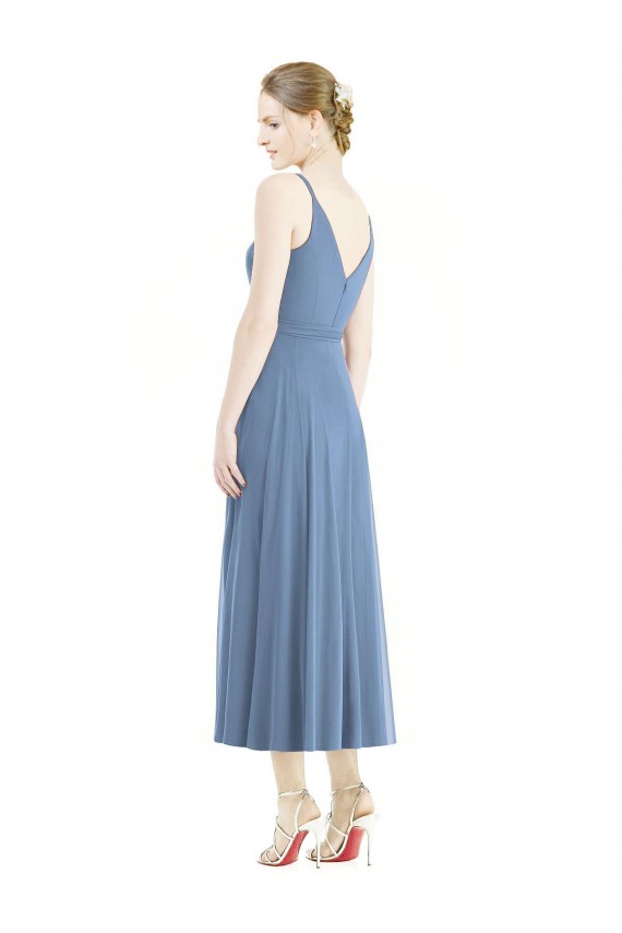 Bleu poussiéreux Trapèze Bretelles spaghetti Mousseline Courte Robes demoiselle d'honneur Pas Chère