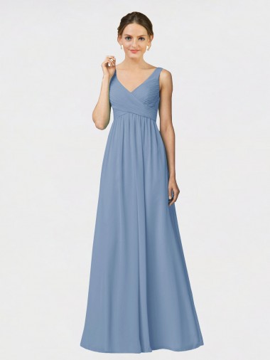 Bleu poussiéreux Trapèze Bretelles spaghetti Mousseline Longue Robes demoiselle d'honneur Pas Chre