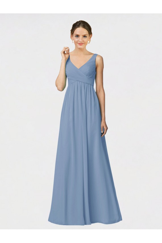 Bleu poussiéreux Trapèze Bretelles spaghetti Mousseline Longue Robes demoiselle d'honneur Pas Chère