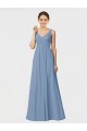 Bleu poussiéreux Trapèze Bretelles spaghetti Mousseline Longue Robes demoiselle d'honneur Pas Chère