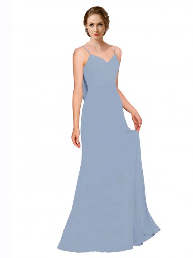 Bleu poussiéreux Trapèze Bretelles spaghetti Mousseline Longue Robes demoiselle d'honneur Pas Chre