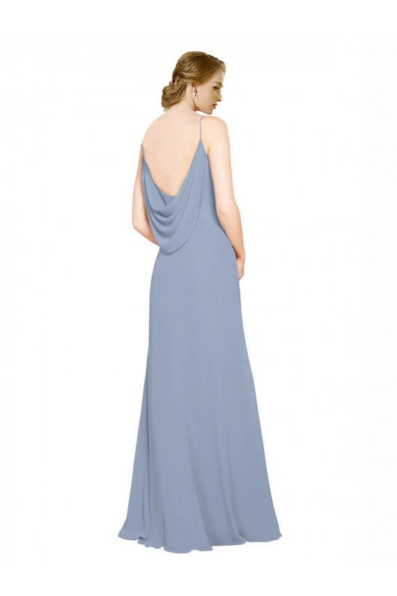 Bleu poussiéreux Trapèze Bretelles spaghetti Mousseline Longue Robes demoiselle d'honneur Pas Chère