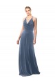 Bleu poussiéreux Trapèze Bretelles spaghetti Velours Stretch Longue Robes demoiselle d'honneur / Robes de bal Pas Chère
