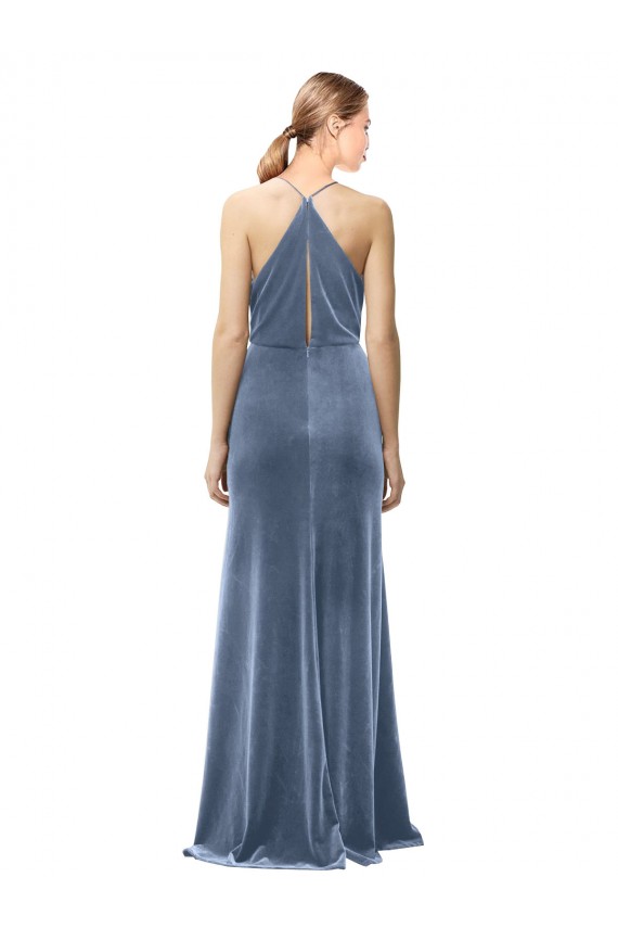 Bleu poussiéreux Trapèze Bretelles spaghetti Velours Stretch Longue Robes demoiselle d'honneur / Robes de bal Pas Chère