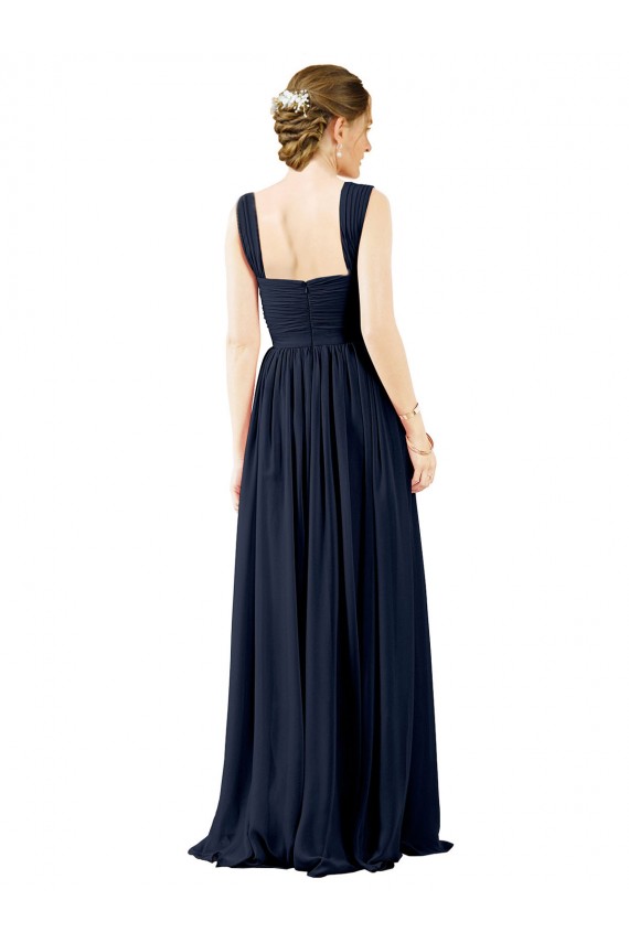 Bleu poussiéreux Trapèze Col Carré Mousseline Longue Robes demoiselle d'honneur Pas Chère