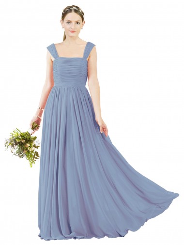 Bleu poussiéreux Trapèze Col Carré Mousseline Longue Robes demoiselle d'honneur Pas Chre