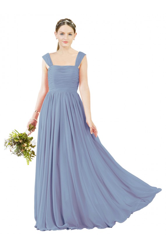 Bleu poussiéreux Trapèze Col Carré Mousseline Longue Robes demoiselle d'honneur Pas Chère