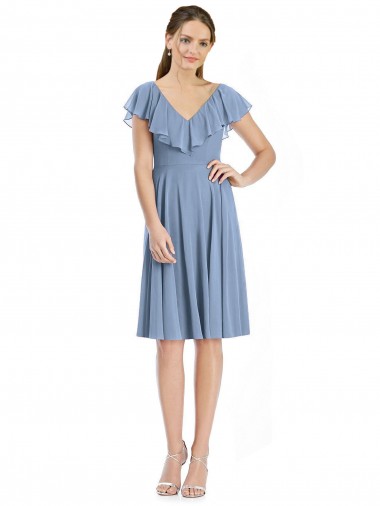 Bleu poussiéreux Trapèze Col V Mousseline Courte Robes demoiselle d'honneur Pas Chre
