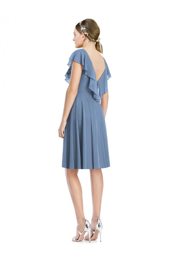 Bleu poussiéreux Trapèze Col V Mousseline Courte Robes demoiselle d'honneur Pas Chère